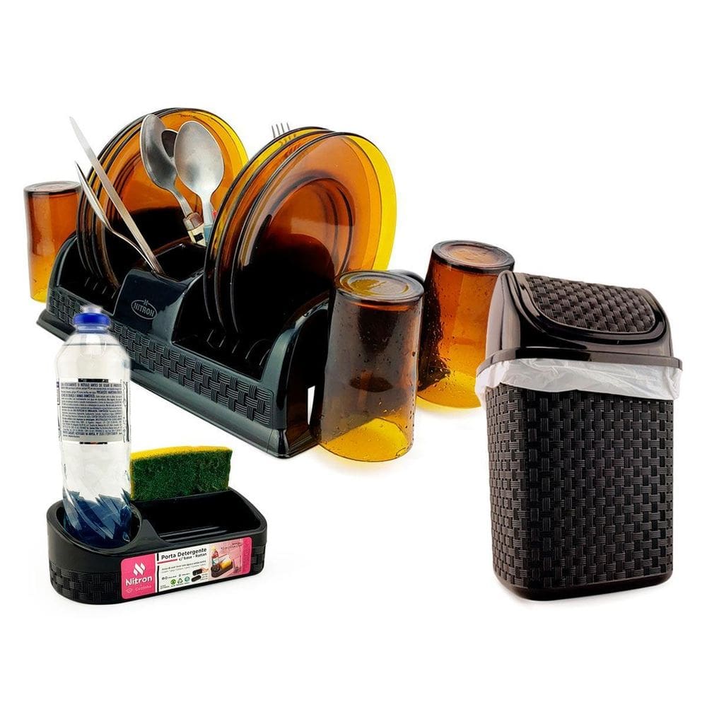 Kit Escorredor Pratos + Lixeira Basculante 4,5L + Porta