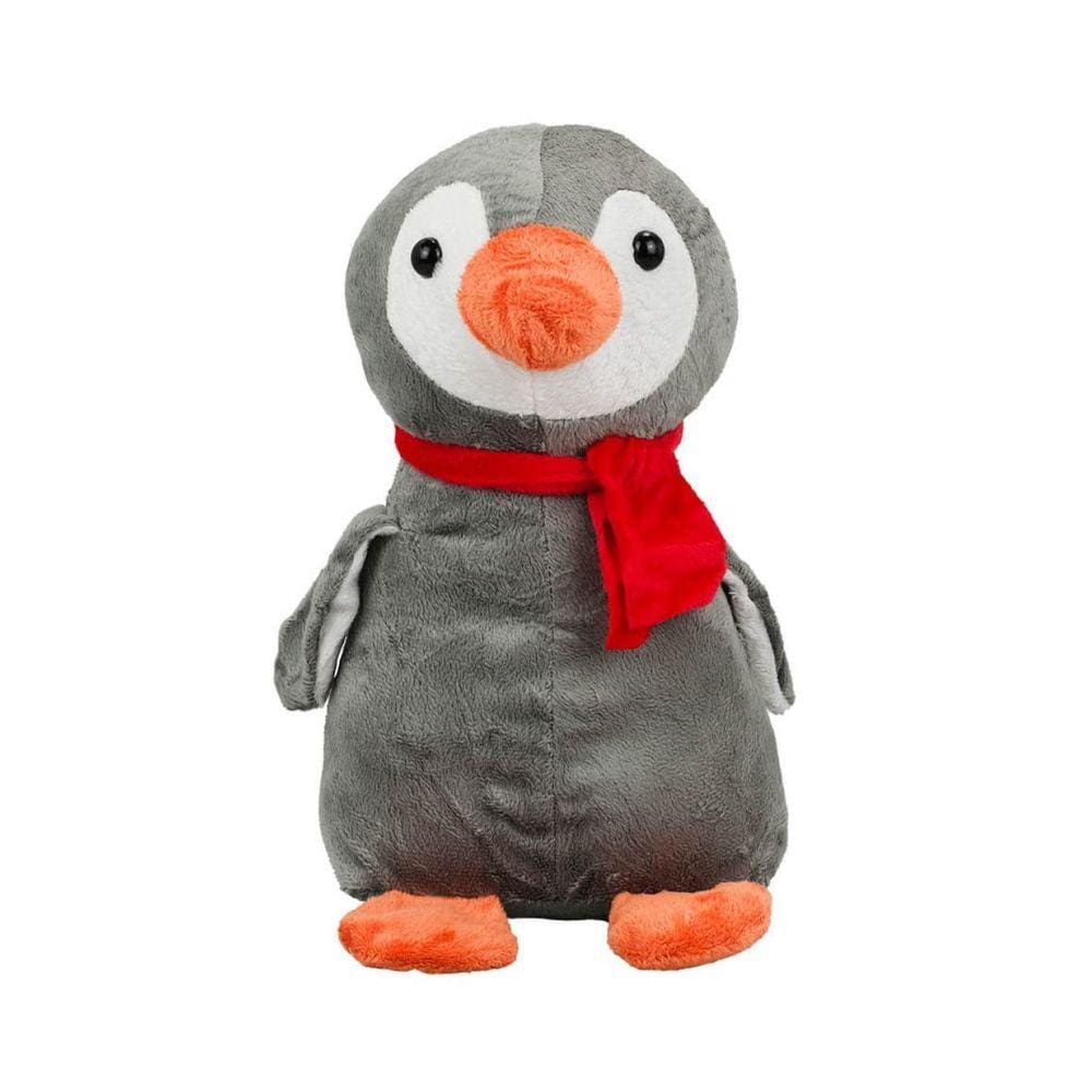 Pinguim Pelúcia Cinza Cachecol Vermelho 30cm