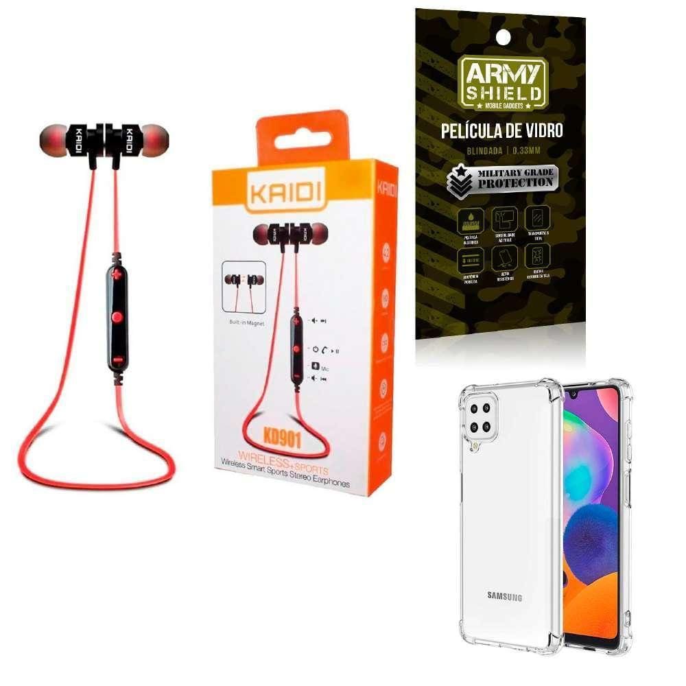 Kit Capa Samsung A12 + Fone Esportivo E Película De Vidro 3D