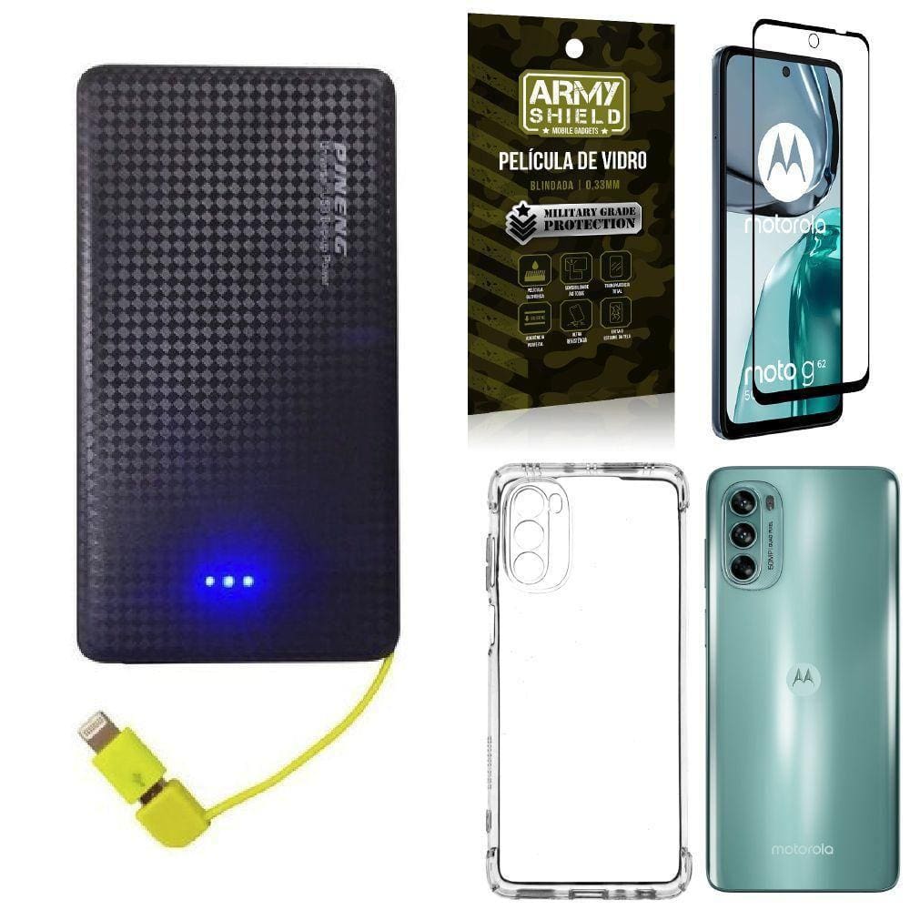 Kit Capinha Moto G62 + Carregador Portátil 5K + Película 3D