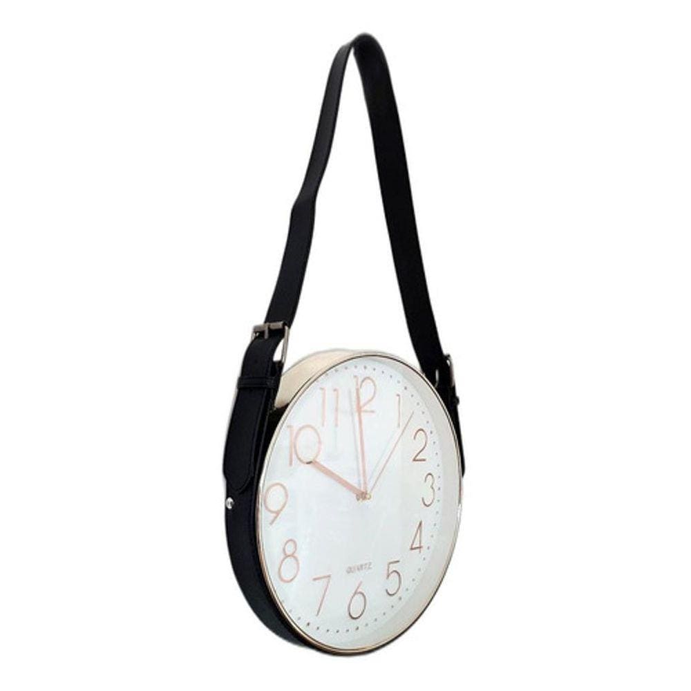 Relógio De Parede Alça De Couro Preto Moldura Prata 30 Cm