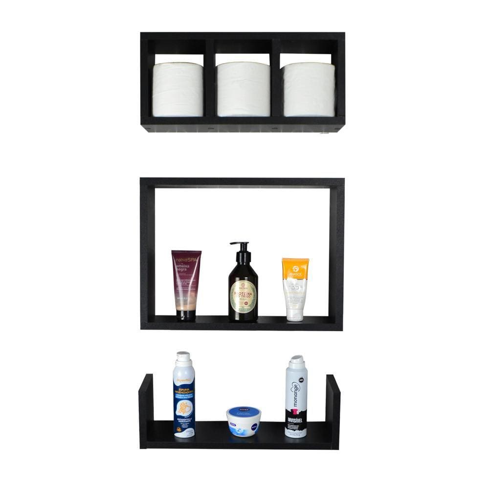 Kit 3 Peças Nicho Prateleira para Banheiro Lavabo 40 x 12cm - Branco ou Preto