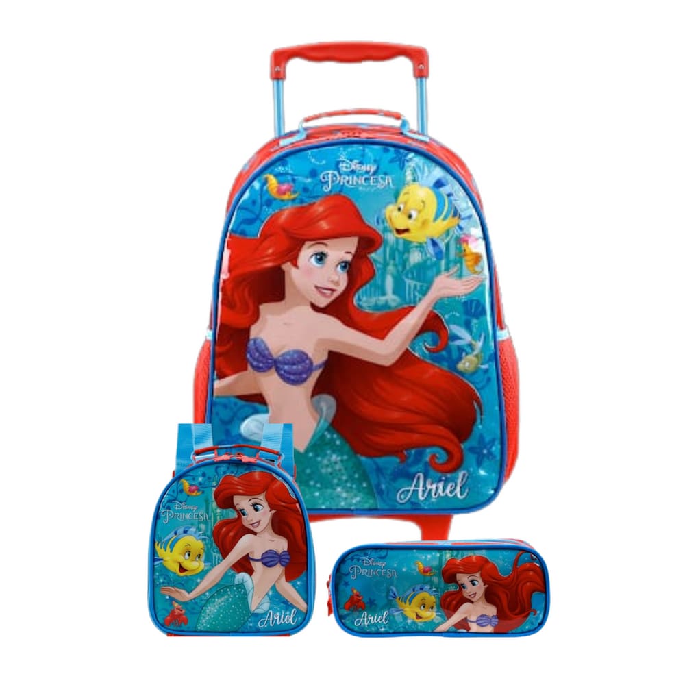 Kit Mochila Rodinhas Lancheira Estojo Pequena Sereia Disney