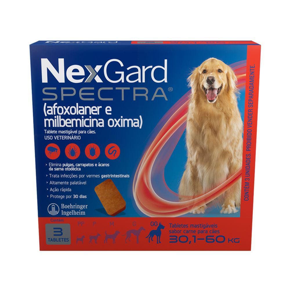 Antipulgas e Carrapatos Nexgard Spectra Para Cães de 30,1 a 60kg com 3 tabletes