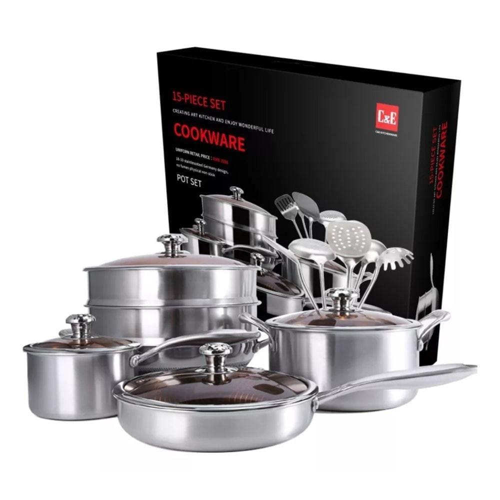 Jogo de Panela em Aço Inox com Revestimento Cerâmico 15pcs