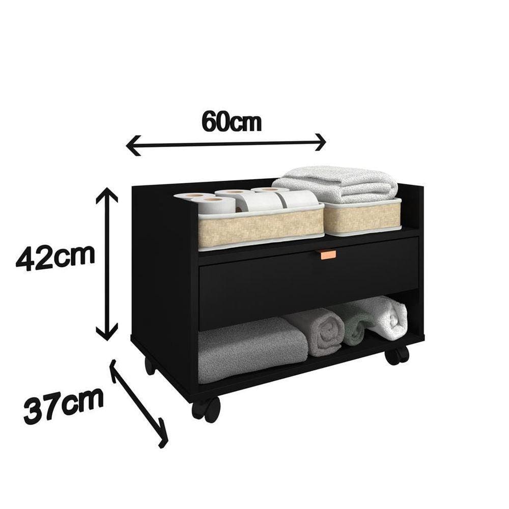 Gabinete Armário Banheiro 60Cm Madeira Rodízios Gaveta Preto