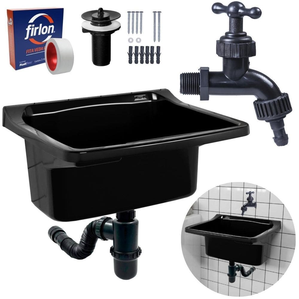 Tanque Plástico 22L Lavanderia Preto + Sifão Copo Universal