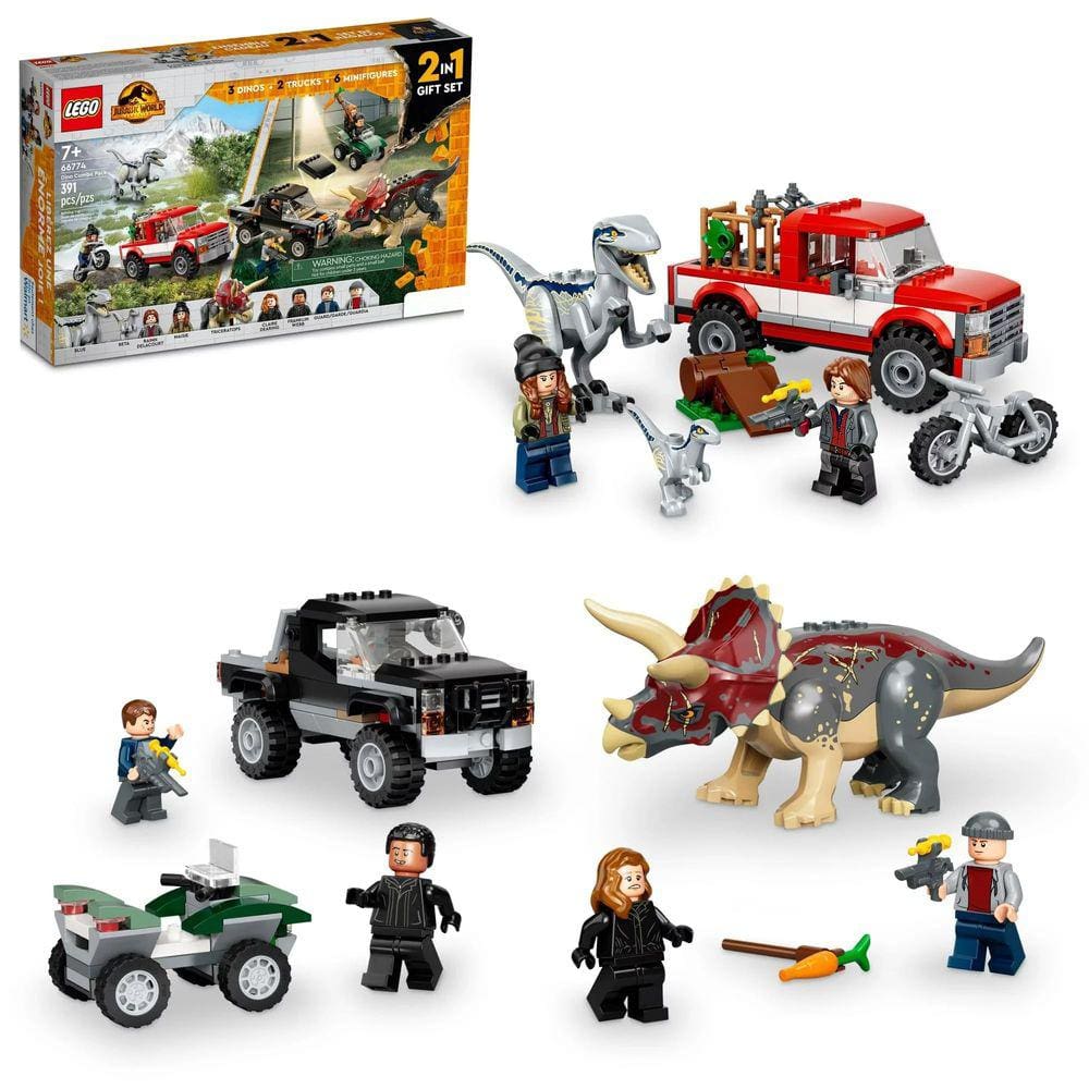 Pacote combinado de brinquedos LEGO Jurassic World Dino Triceratops e Veloci