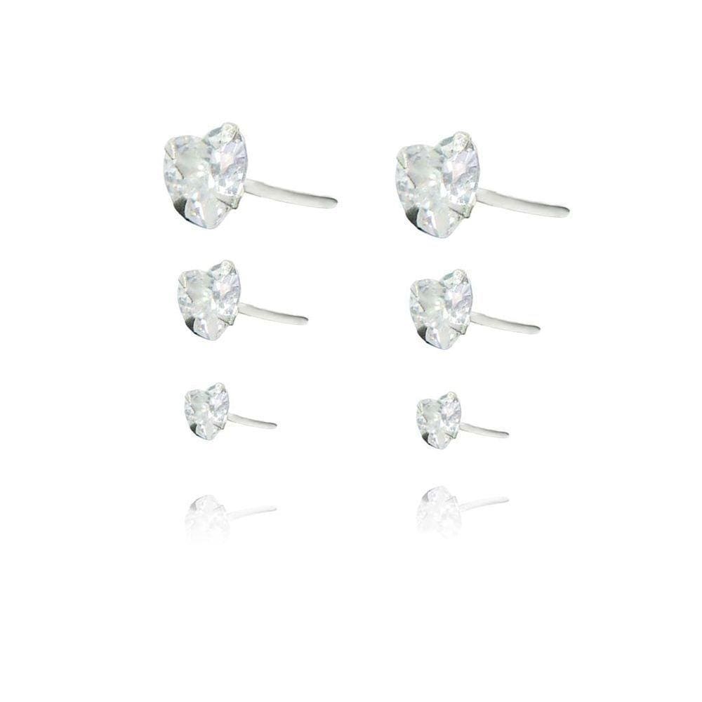 Trio De Brincos Coração Com Zircônia Em Prata 925