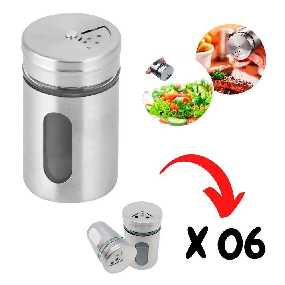 Jogo 06 Saleiro Ou Pimenteiro Tempero Inox Regulagem E Visor
