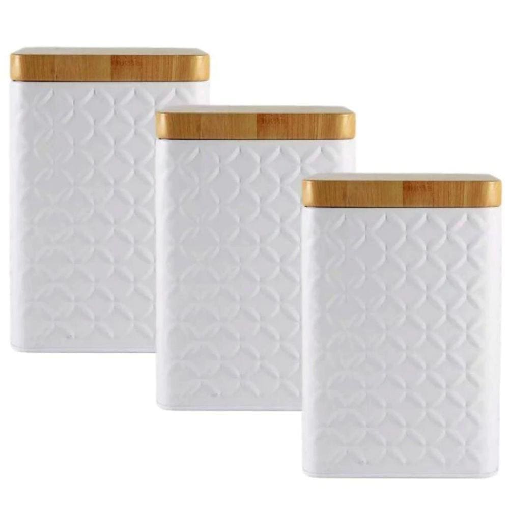 Kit 3 Latas Porta Mantimento Tampa Bambu Açúcar E Café