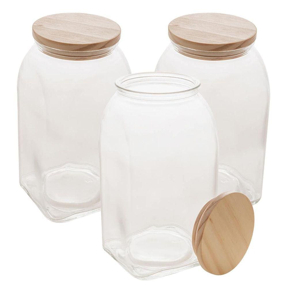 Kit 3 Potes De Vidro Hermético 1,4L Tampa De Madeira Vedação