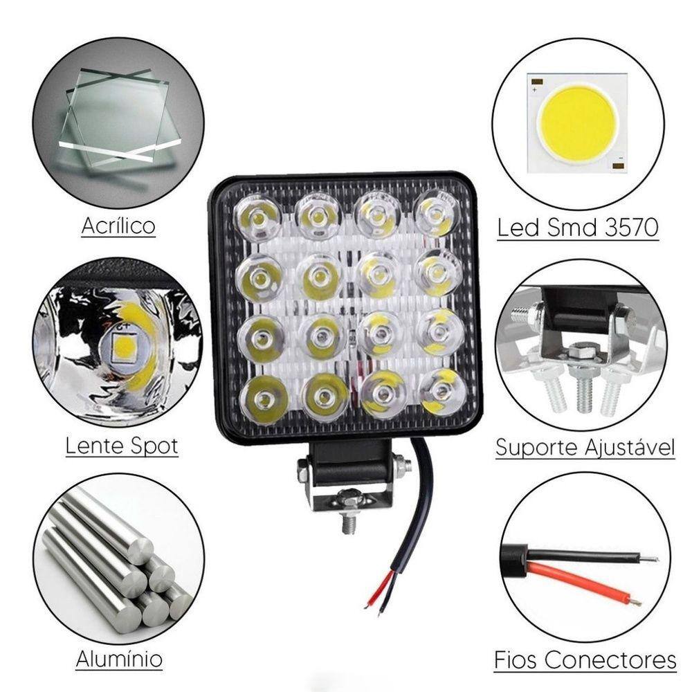 Farol de Milha 16 Leds 28mm Quadrado 48w Carro Moto Caminhão Off-road 6500k Jeep