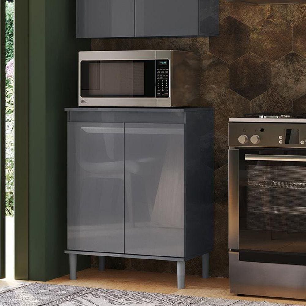 Balcão Bancada Microondas Cozinha 2 Portas Cinza Cinza