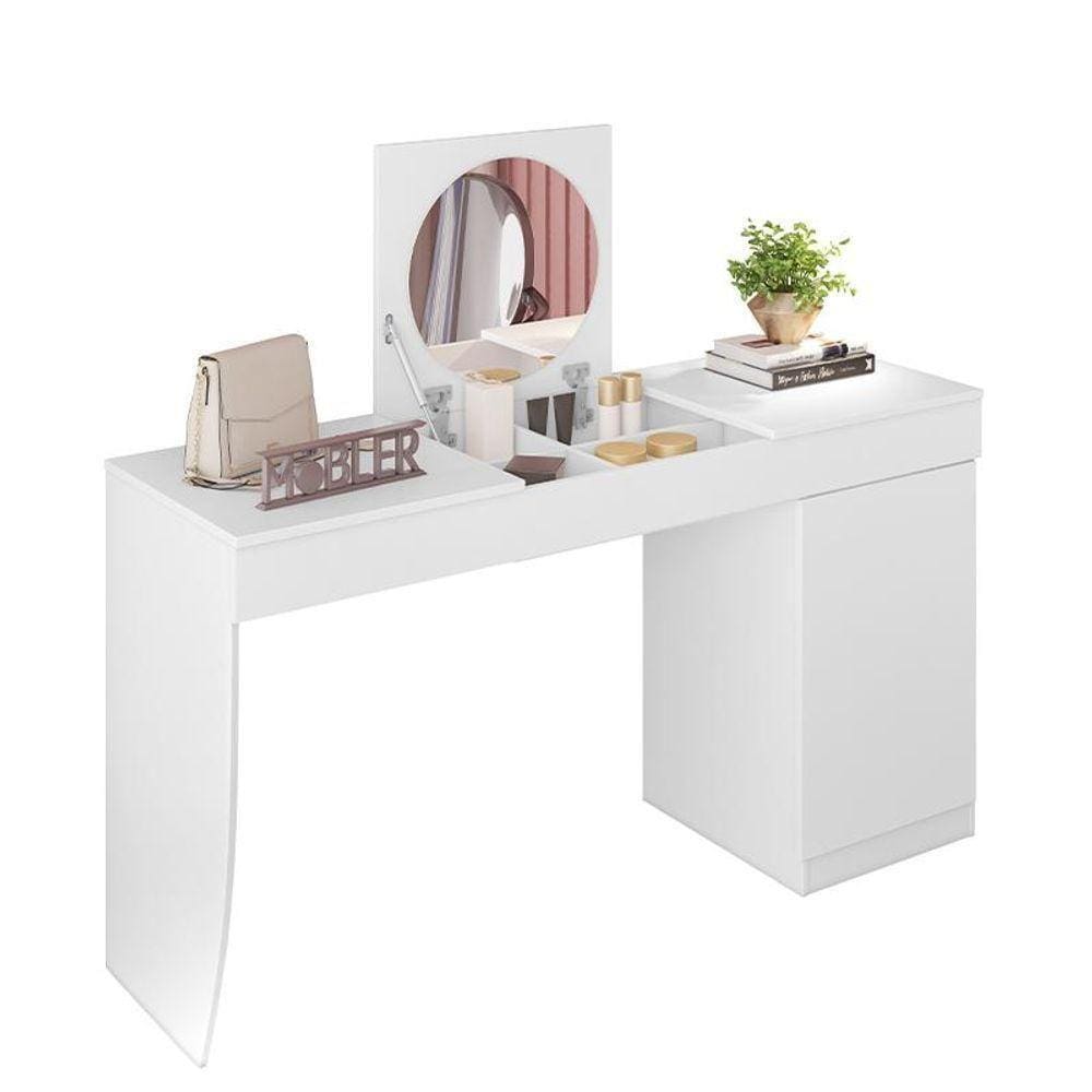 Escrivaninha Penteadeira Crystal Tampo Basculante Com Espelho Branco Fosco Branco Fosco