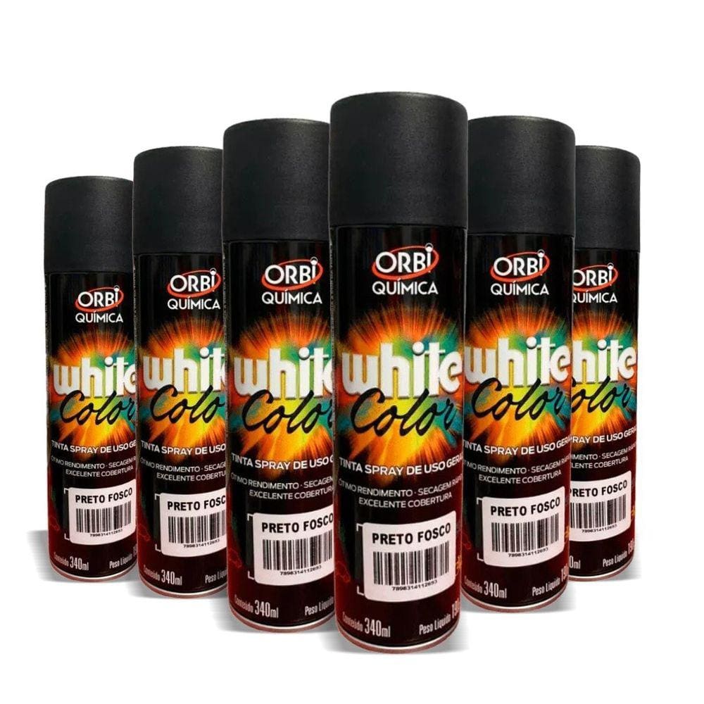 Tinta Spray White Color Uso Geral Preto Fosco 340ml - 6 Peças