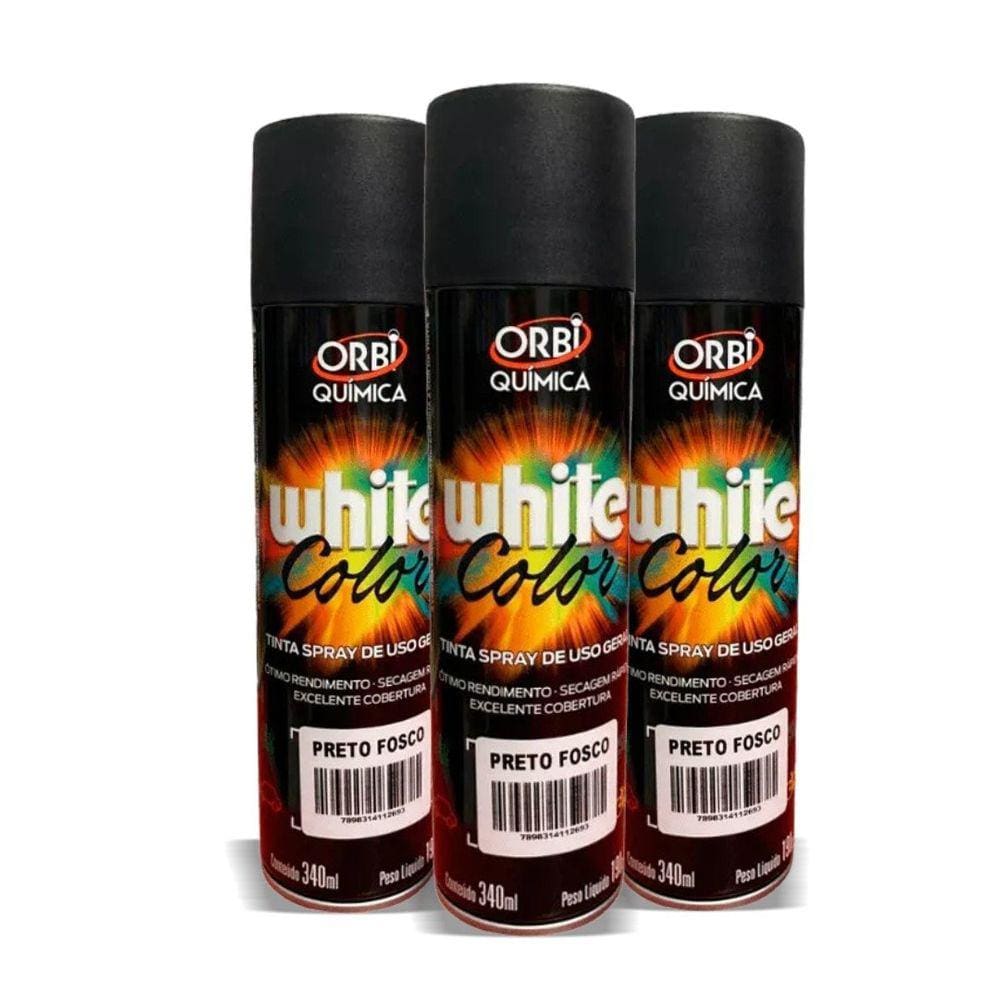 Tinta Spray White Color Uso Geral Preto Fosco 340ml - 3 Peças