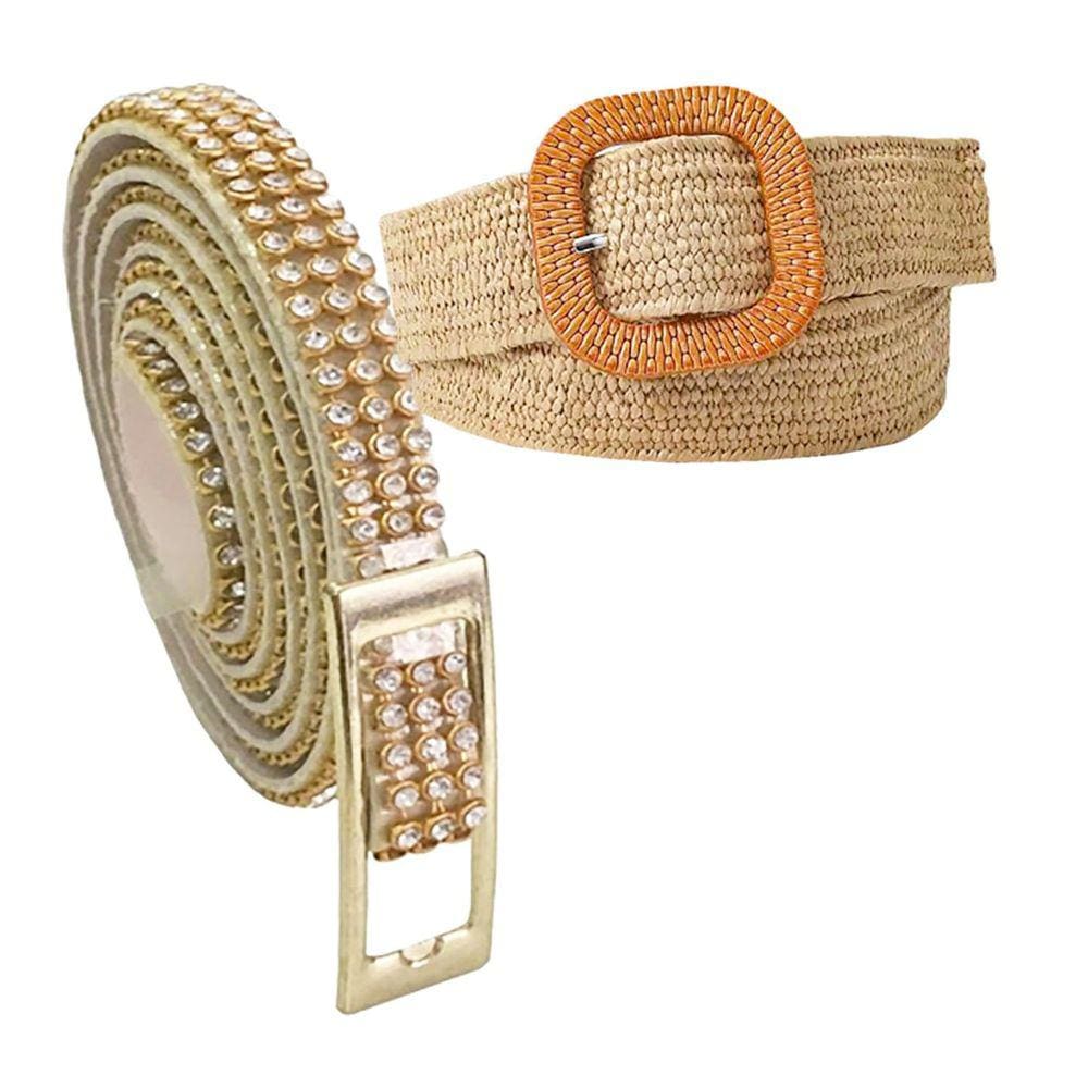 Cinto Elástico Palha Estilo Vintage Moda Verão + Cinto Fino Dupla Face Pedraria Strass