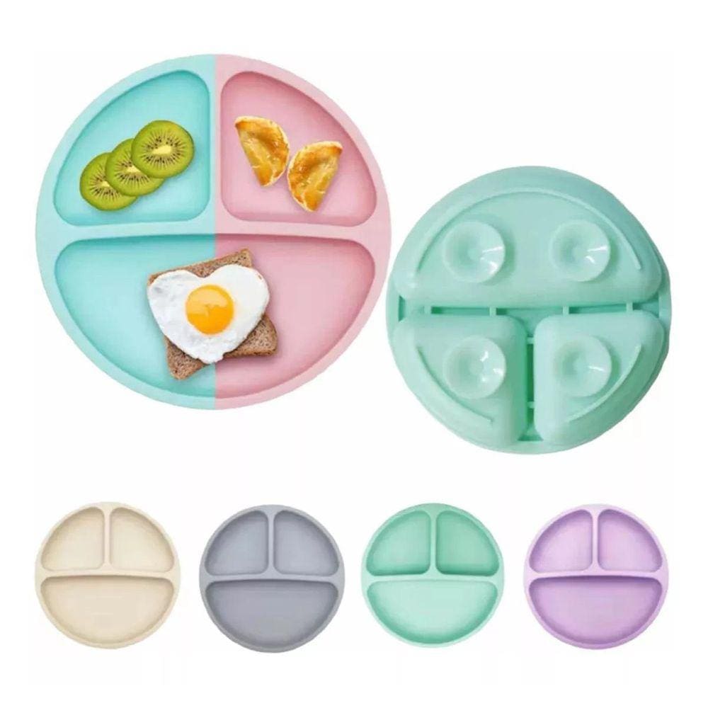 Prato Refeição Infantil Silicone 3 Divisórias Cinza Ventosa
