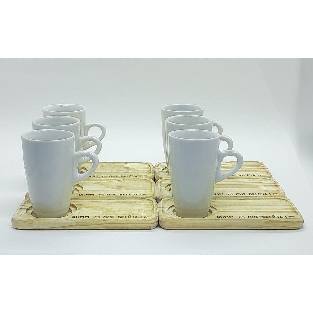 kit Jogo 6 xícaras café/chá Cônica Alta 165ml c/ pires Pinus - Porcelana branca