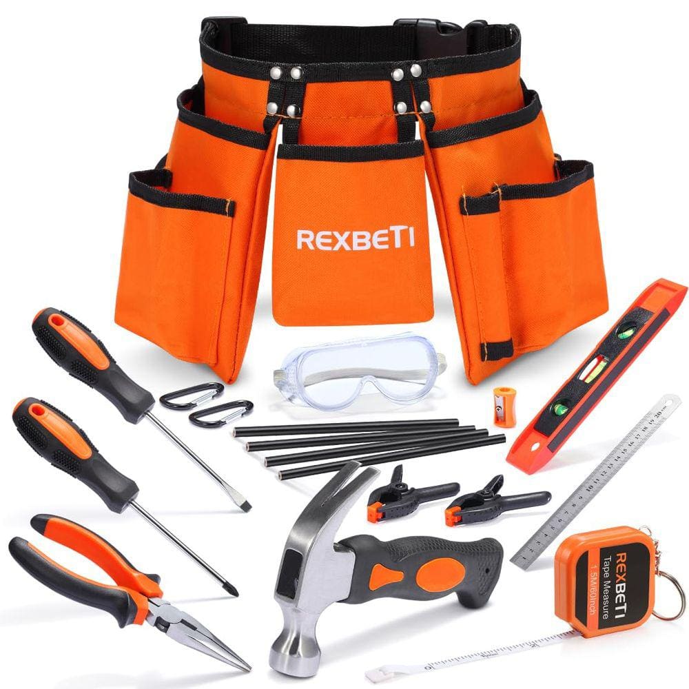 Conjunto de ferramentas REXBETI Young Builder`s 18 unidades com cinto de ferramentas para crianças com mais de 7 anos