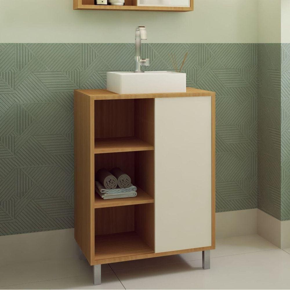 Gabinete para Banheiro com Cuba Branca 60cm 1 Porta de Correr Julia Mel/Arenas