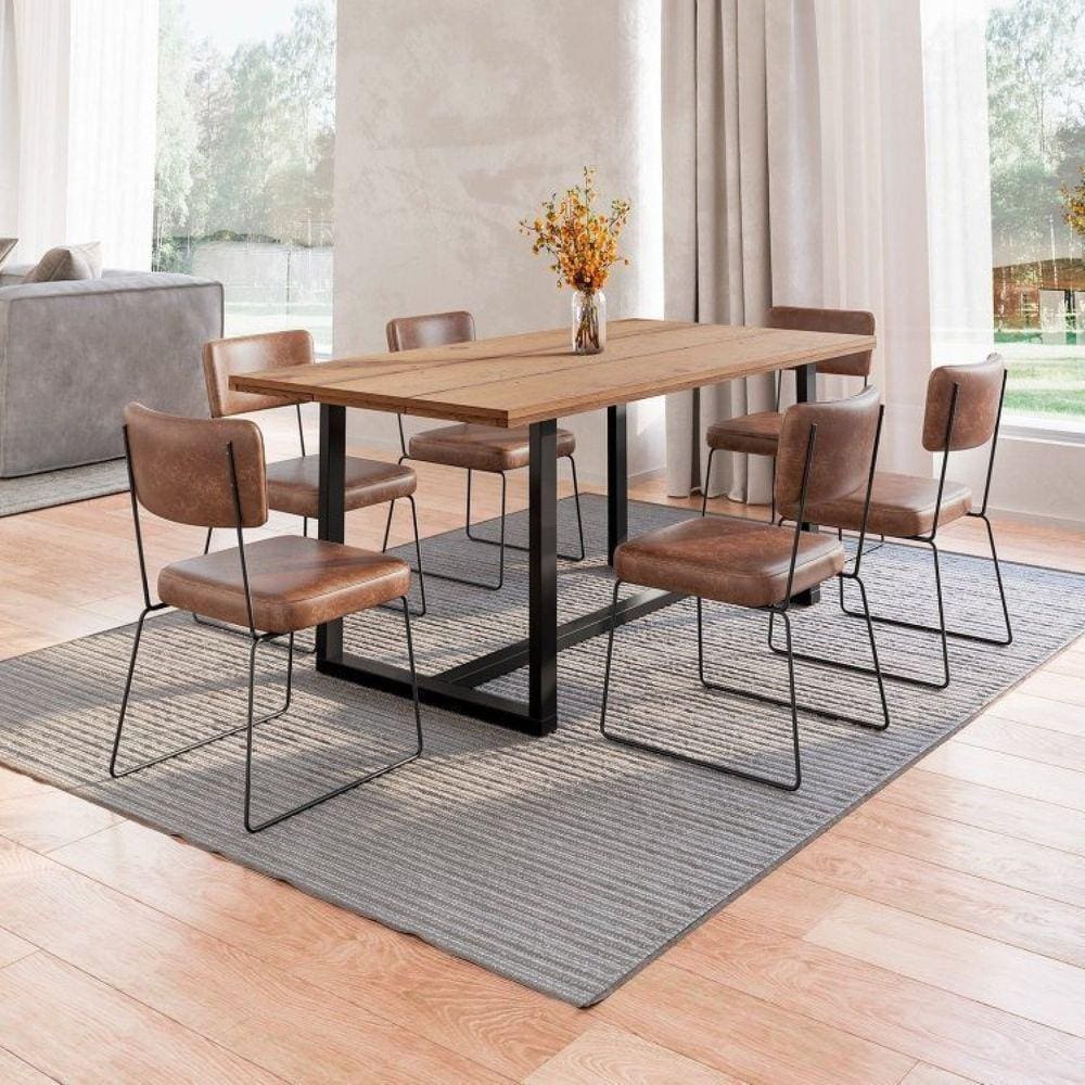 Conjunto Mesa de Jantar Rústica de Madeira Maciça com 6 Cadeiras Aço Roma Marrom/Preto