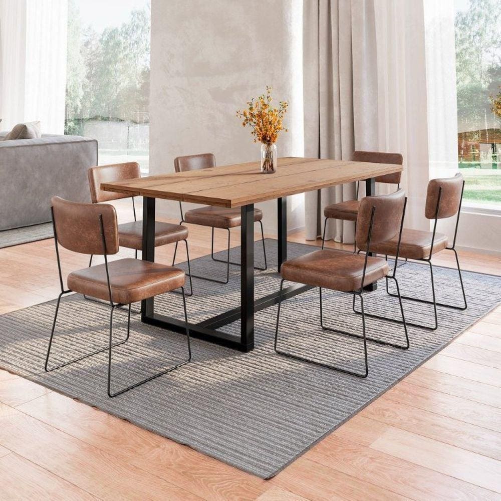 Conjunto Mesa de Jantar Rústica de Madeira Maciça com 6 Cadeiras Aço Roma Marrom/Preto