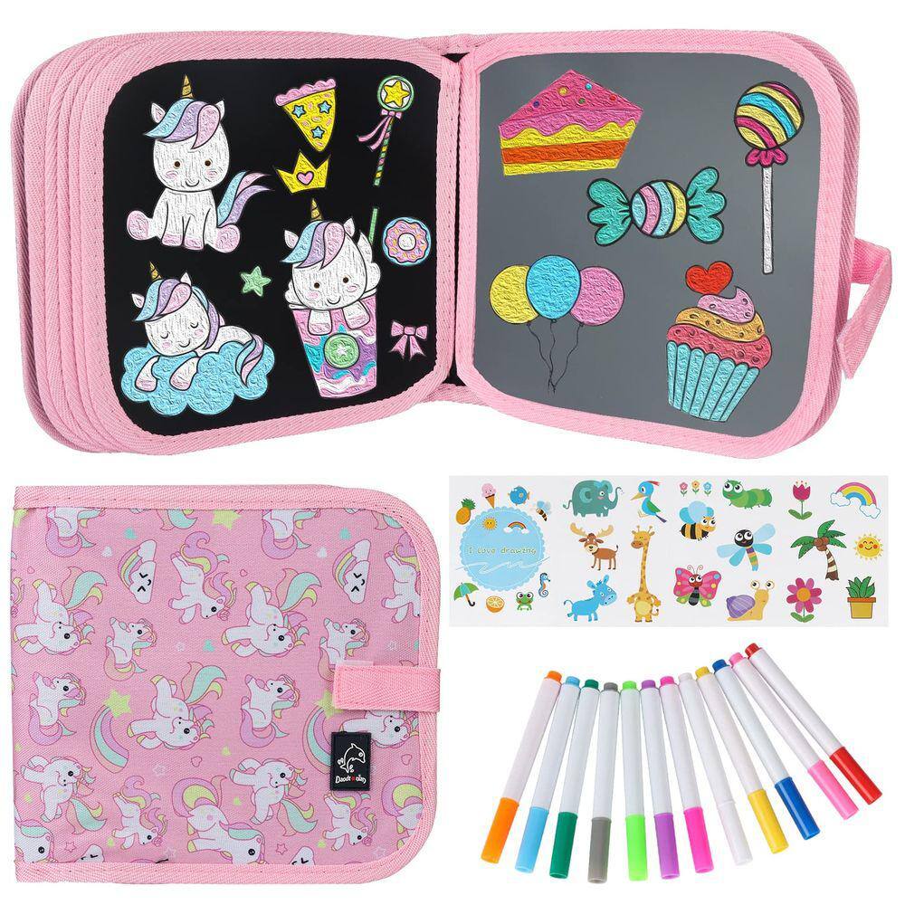Livro Doodle apagável Qrytoi Unicorn para crianças com 12 canetas