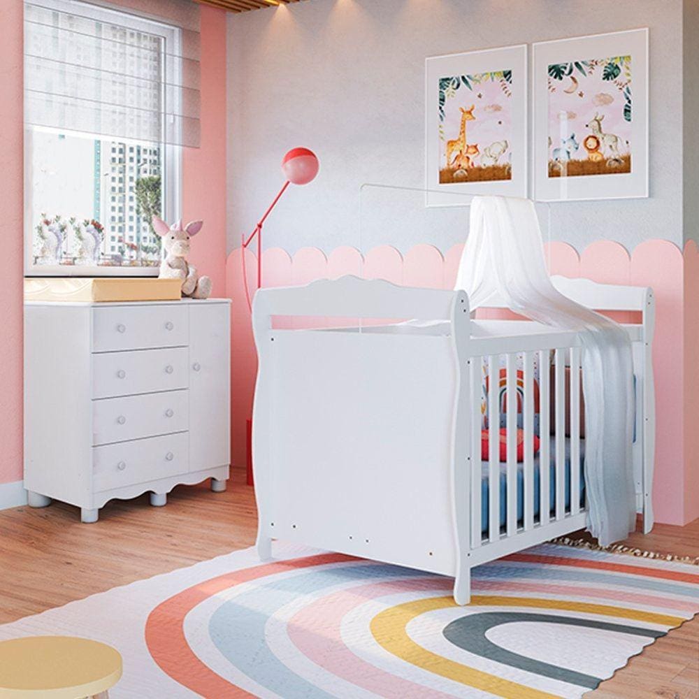 Quarto de Bebê com Cômoda 1 Porta 4 Gavetas e Berço Mini Cama Nina 100% Mdf Espresso Móveis Branco Brilho