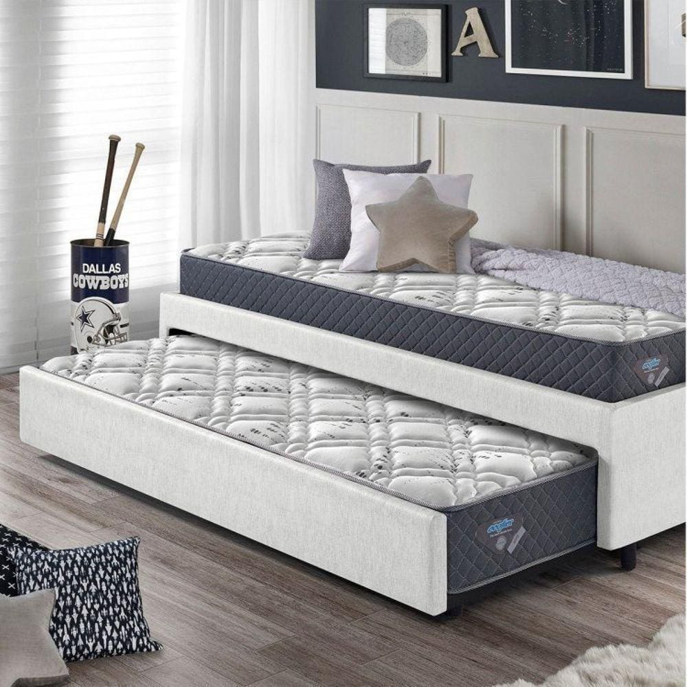Bicama Box Solteiro 88x188 Courino com Dois Colchões Adapto Molas Ensacadas Ecoflex Branco/Cinza