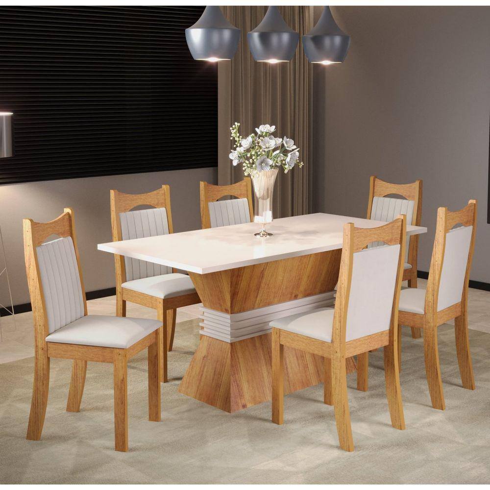 Conjunto de Jantar Mesa Retangular Chile com 6 Cadeiras Dalas Mel/Blonde/Marfim