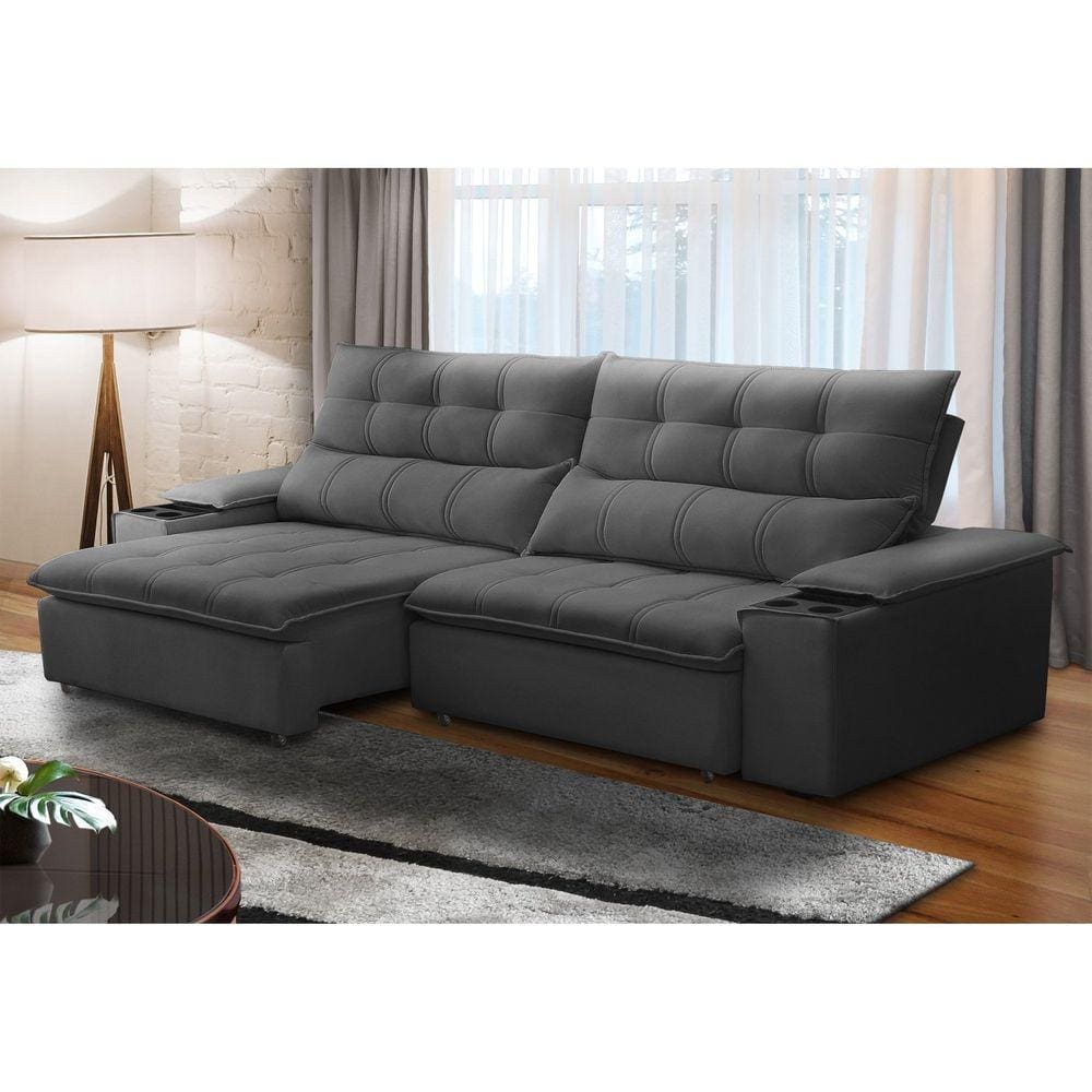 Sofá Retrátil e Reclinável 3 Lugares 230cm com Porta Copos e Objetos Bulgária Grafite