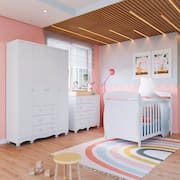 Quarto de Bebê com Guarda Roupa 4 Portas Cômoda 1 Porta 4 Gavetas e Berço Nina 100% Mdf Espresso Móv Branco Brilho