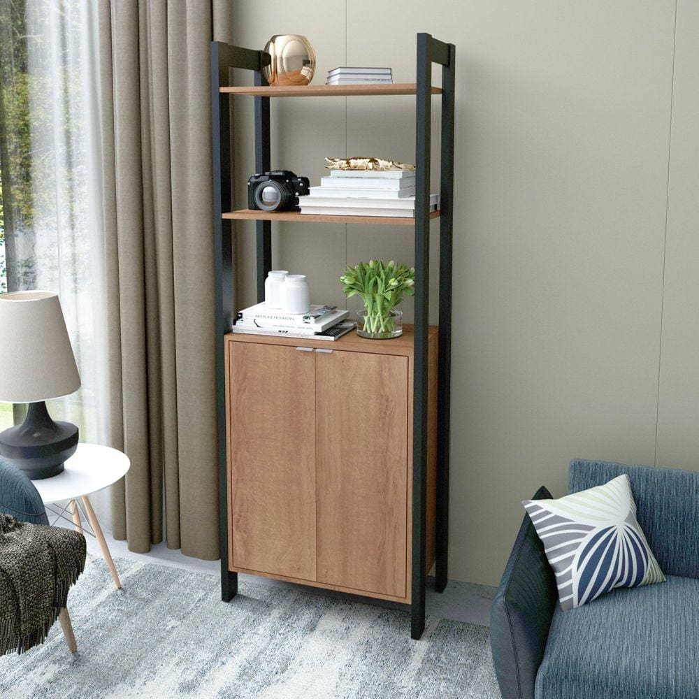 Estante para Livros 2 Portas de Abrir Haia Yescasa Amêndoa/Preto