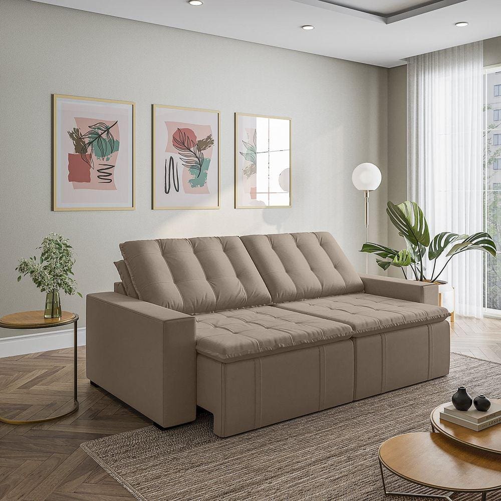 Sofá Cama Retrátil e Reclinável 4 Lugares 240cm em Veludo com Molas e Braço Reto Palmeira Cabecasa M Castor