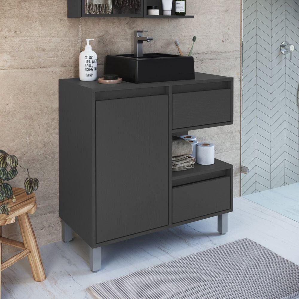 Gabinete para Banheiro Com Cuba Preta 80cm 2 Gavetas 1 Porta 1 Nicho Paula Grafite