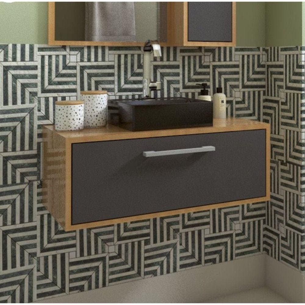 Gabinete Suspenso para Banheiro Com Cuba Preta 80cm 1 Porta Basculante Alice Mel/Grafite