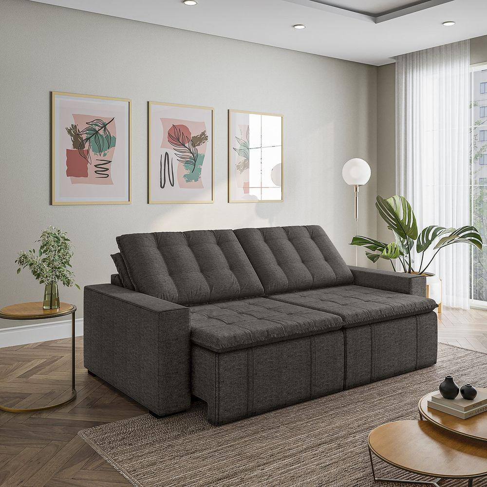 Sofá Cama Retrátil e Reclinável 4 Lugares 240cm em Linho com Molas e Braço Reto Palmeira Cabecasa Ma Cinza