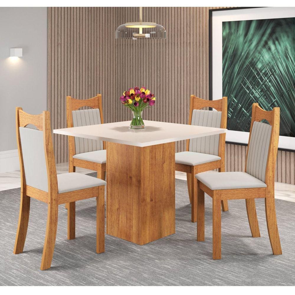 Conjunto de Jantar Mesa Quadrada Olimpia com 4 Cadeiras Dalas Mel/Blonde/Marfim