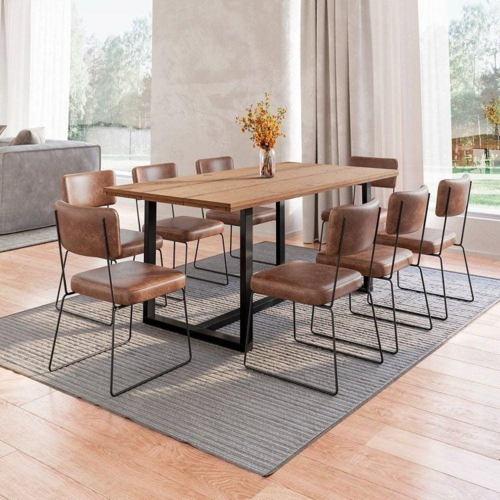 Conjunto Mesa de Jantar Rústica de Madeira Maciça com 8 Cadeiras Aço Roma Marrom/Preto