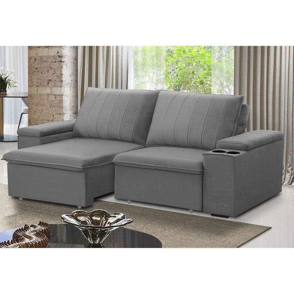 Sofá Retrátil e Reclinável 3 Lugares 205cm com Porta Copos Ballarat Prata