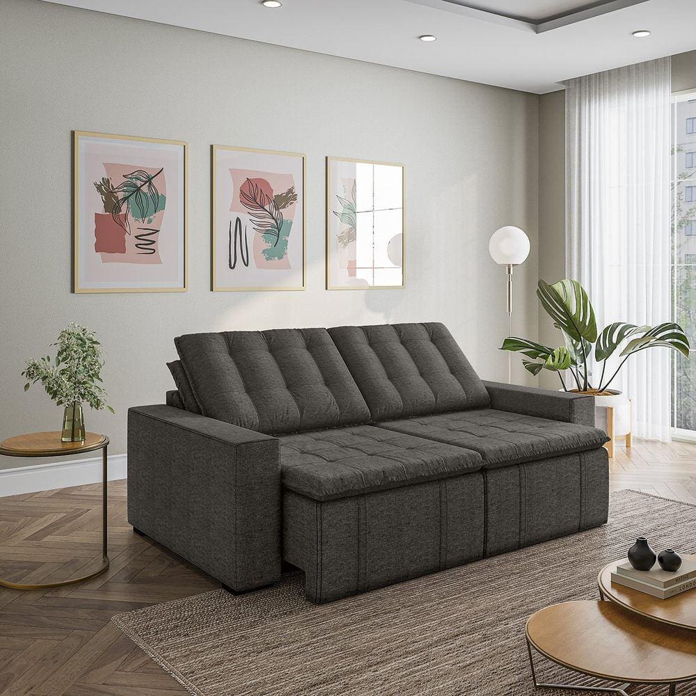 Sofá Cama Retrátil e Reclinável 3 Lugares 220cm em Linho com Molas e Braço Reto Palmeira Cabecasa Ma Cinza