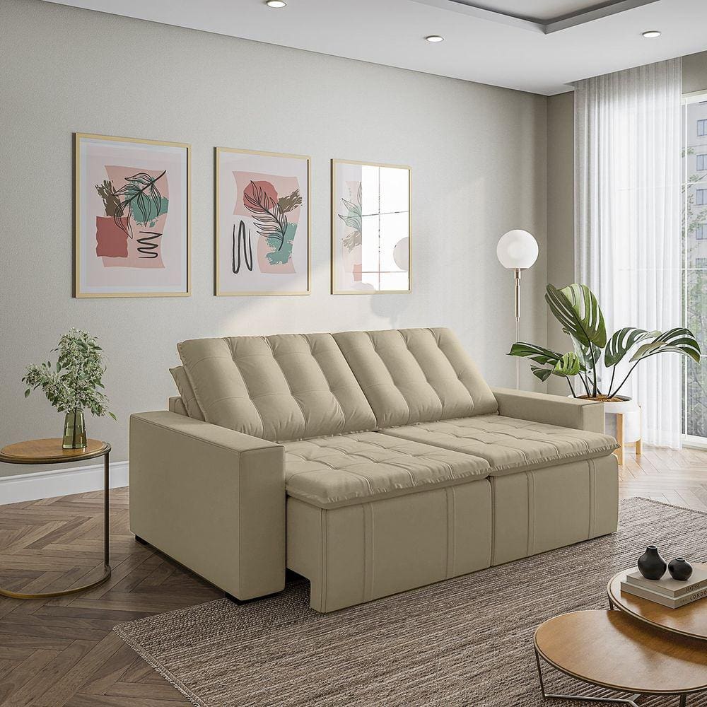 Sofá Cama Retrátil e Reclinável 3 Lugares 220cm em Veludo com Molas e Braço Reto Palmeira Cabecasa M Bege