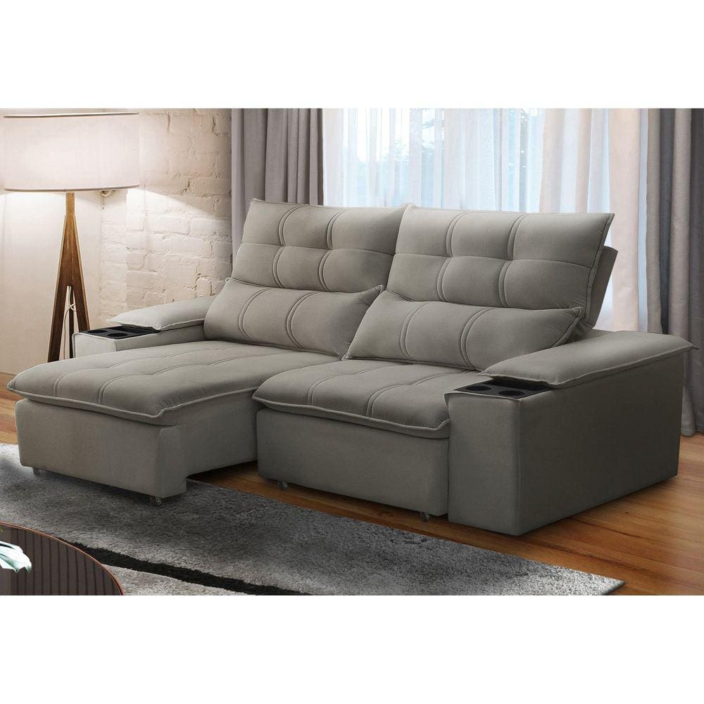 Sofá Retrátil e Reclinável 3 Lugares 210cm com Porta Copos e Objetos Bulgária Castor