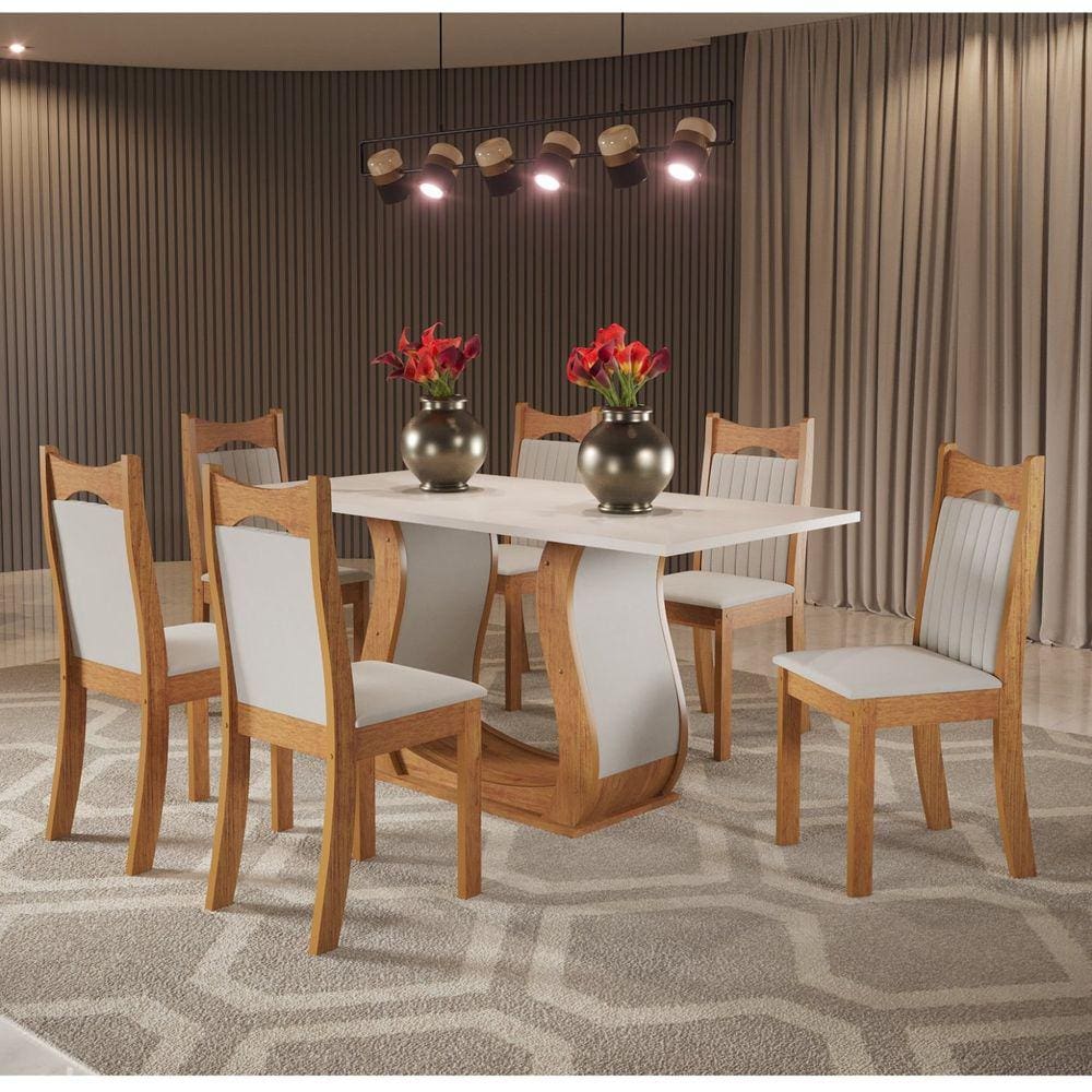 Conjunto de Jantar Mesa Retangular Buenos Aires com 6 Cadeiras Dalas Mel/Blonde/Marfim