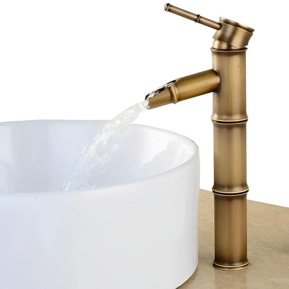 Torneira de Cobre Estilo Bambu Retro Vintage Bica Alta Para Cuba Banheiro de Luxo Função Monocomando MIsturador Bico Cascata