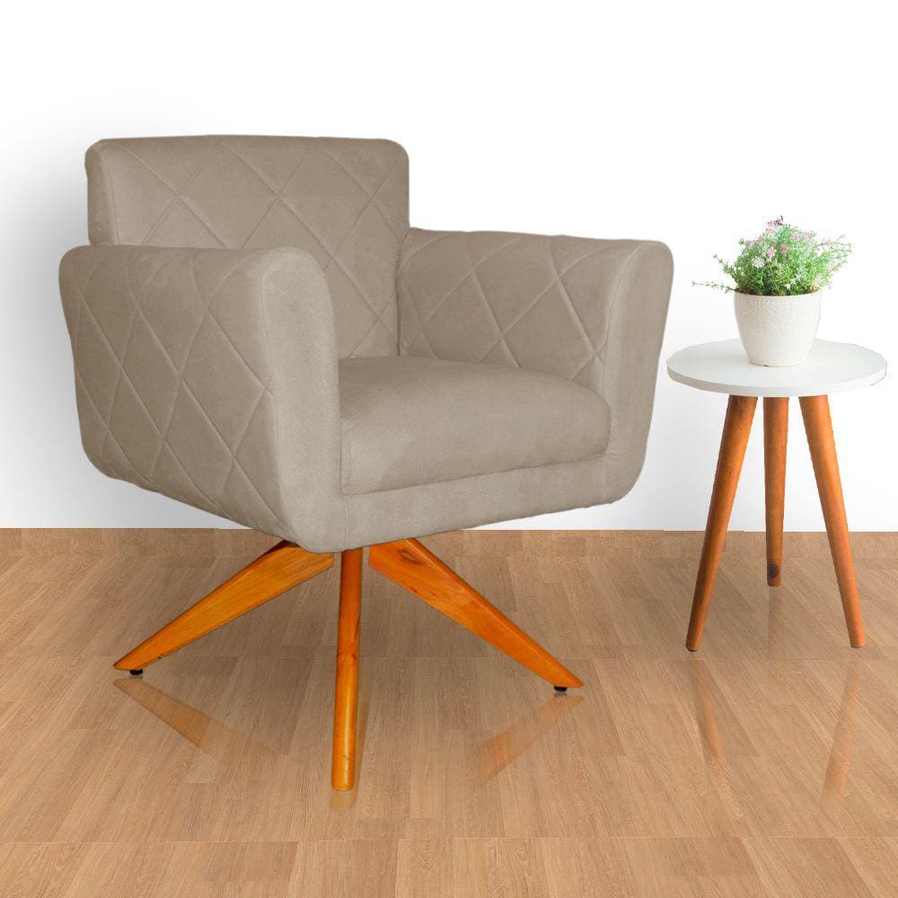 Poltrona Decorativa Com Base Giratória De Madeira Quarto Isabella Suede Cappuccino - LM DECOR