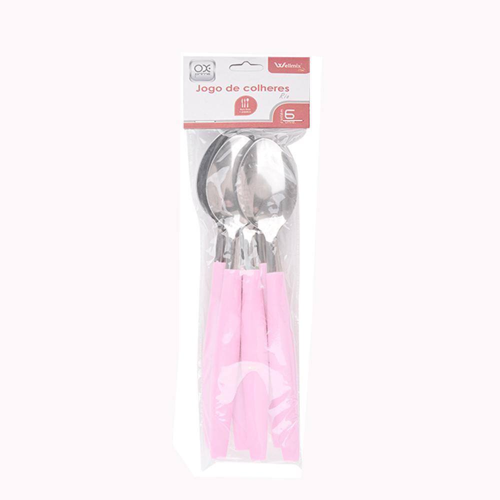 Colher De Mesa De Inox Cabo Plastico Rio Rosa 6 Peças 20Cm
