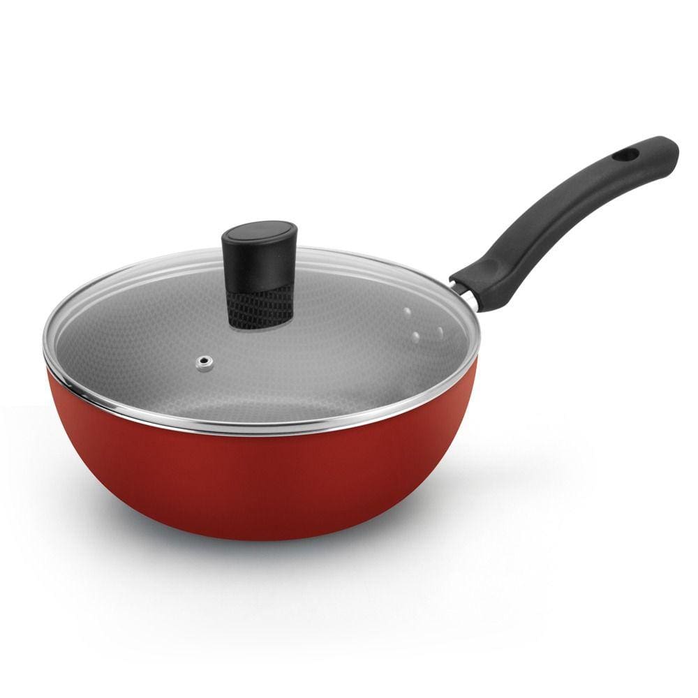 Frigideira wok enjoy c/ tampa vidro e ant aderente vermelho n24